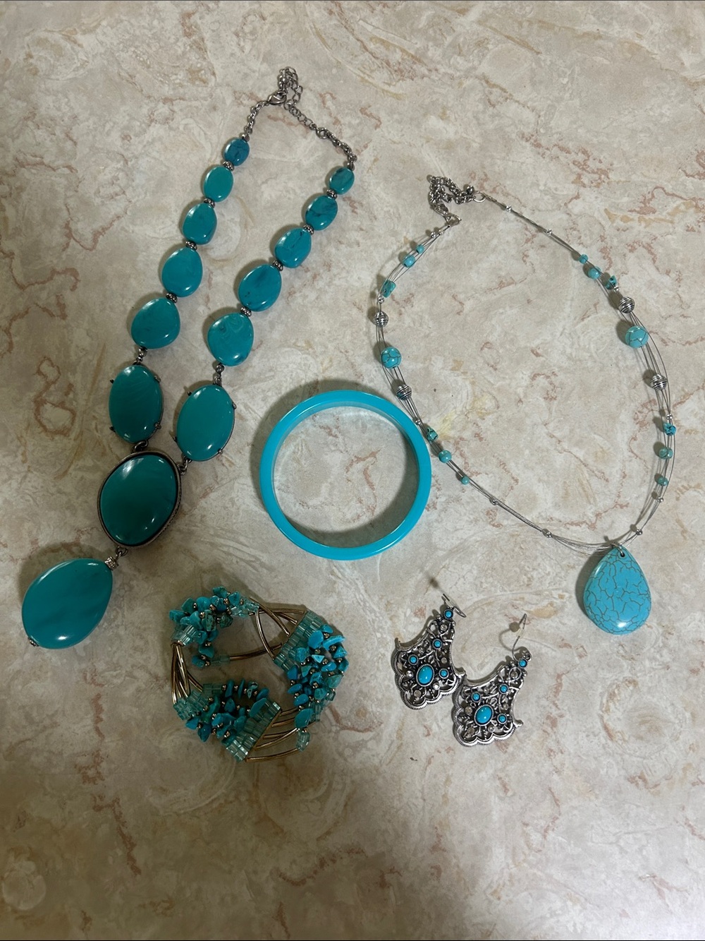 Turquoise Statement Jewelry Set — Necklace, Bracelet, Bangle & Earrings